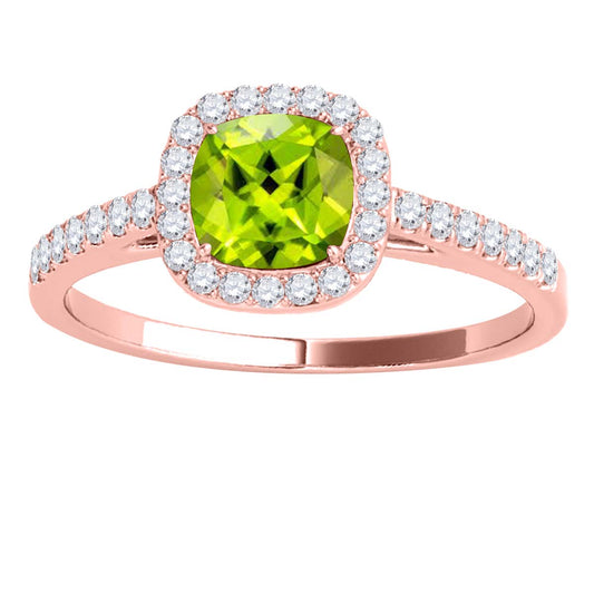 Mauli Jewels 1.15 CT Natural Peridot & Diamond Ring in 10K Rose White & Yellow Gold | Cushion Cut Center Stone | Prong Set Bridal Ring for Women