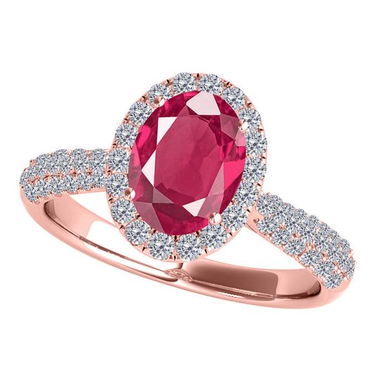 Mauli Jewels 1.20 Carat Oval Created Ruby and Diamond Ring for Women in 10K Rose, White and Yellow Gold, Elegant Vintage Pave Design