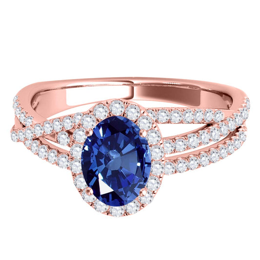 Mauli Jewels 10K Rose, White & Yellow Gold 1.22 CTW Oval Created Sapphire Halo Lab Grown Diamond Ring for Women