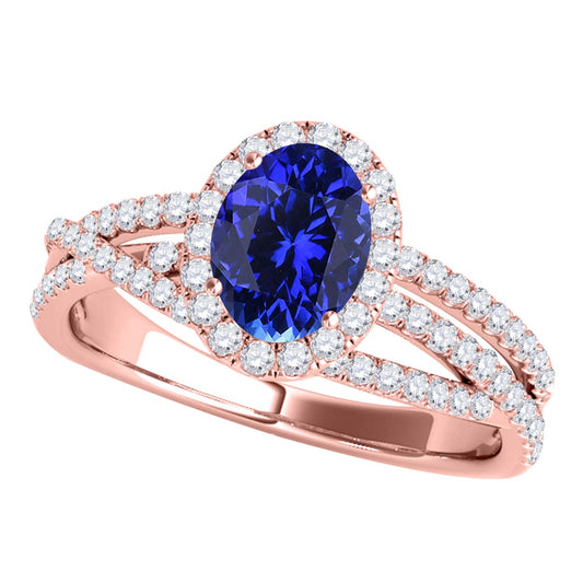 Mauli Jewels 10K Rose, White & Yellow Gold 1.22 CTW Oval Created Tanzanite Halo Lab Grown Diamond Ring for Women