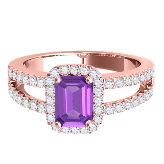 MauliJewels 2.77 Carat Emerald Cut Amethyst & Lab Grown Diamond Ring for Women in 10K Rose, White & Yellow Gold, Birthstone Ring