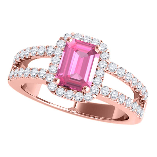 MauliJewels 2.77 Carat Emerald Cut Pink Topaz & Lab Grown Diamond Ring for Women in 10K Rose, White & Yellow Gold, Birthstone Ring
