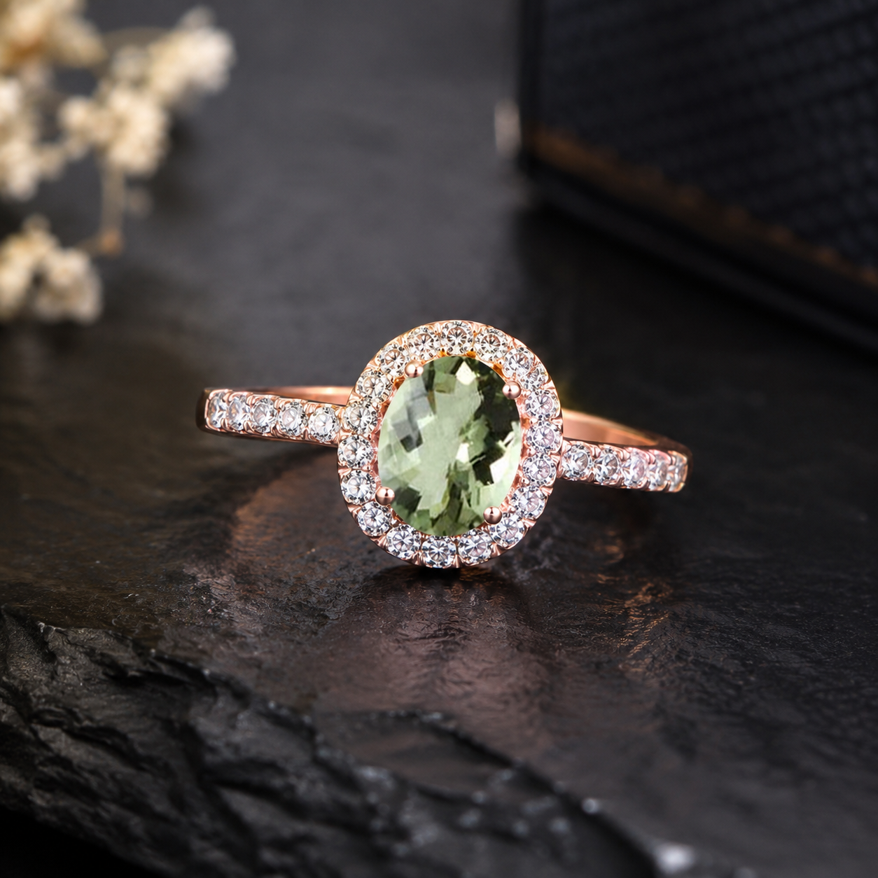 Mauli Jewels Green Amethyst Ring for Women in 10K Rose, White and Yellow Gold, 2.50 Carat Oval Green Amethyst and Diamond Ring, Antique Style Gemstone Ring, Birthstone Jewelry Gift (Copy) - Mauli Jewels