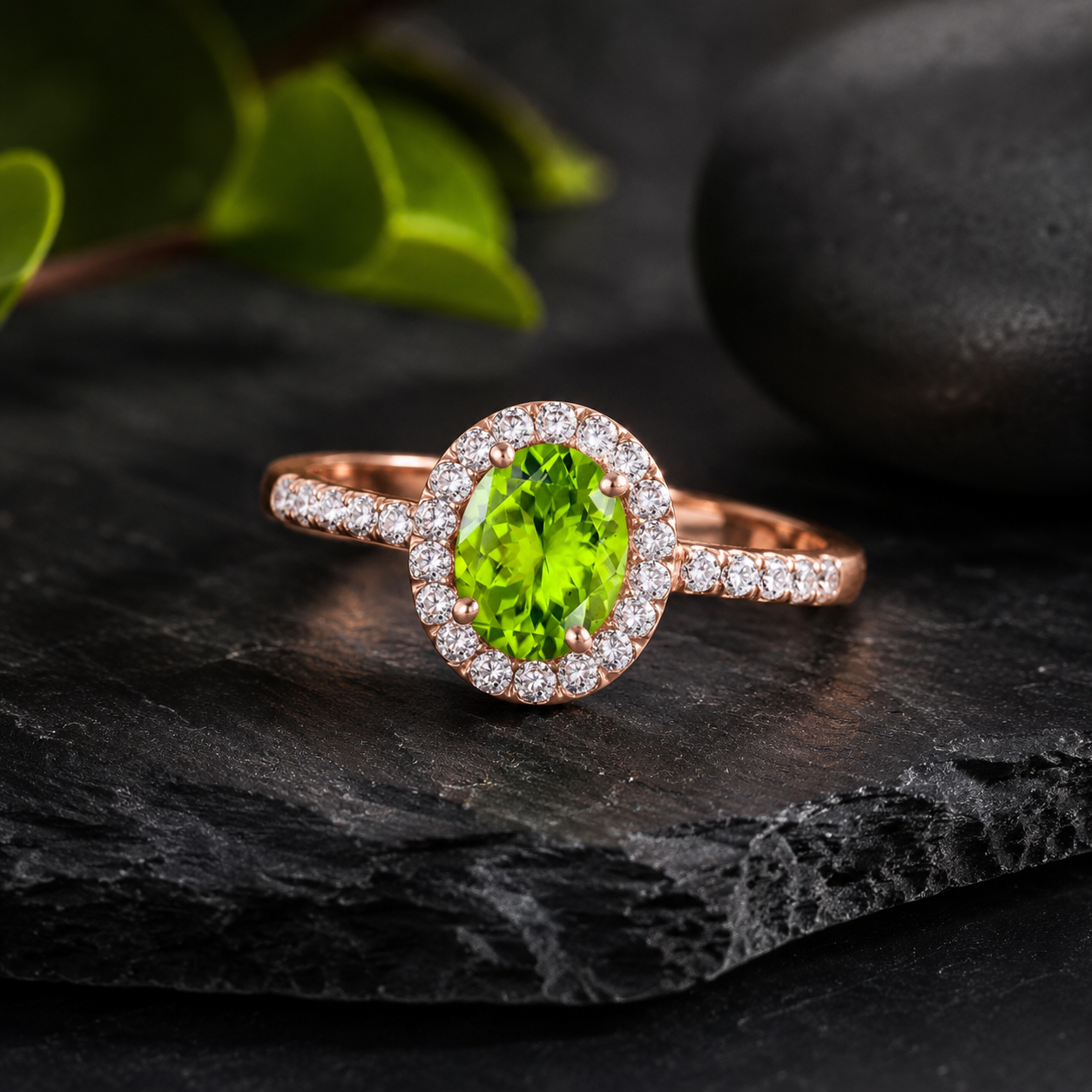 Mauli Jewels Peridot Ring for Women in 10K Rose, White and Yellow Gold, 2.50 Carat Oval Peridot and Diamond Ring, Antique Style Gemstone Ring, Birthstone Jewelry Gift - Mauli Jewels