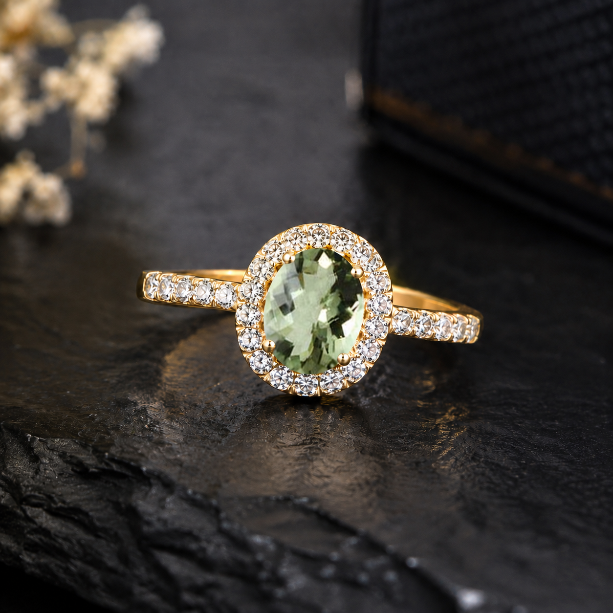Mauli Jewels Green Amethyst Ring for Women in 10K Rose, White and Yellow Gold, 2.50 Carat Oval Green Amethyst and Diamond Ring, Antique Style Gemstone Ring, Birthstone Jewelry Gift (Copy) - Mauli Jewels