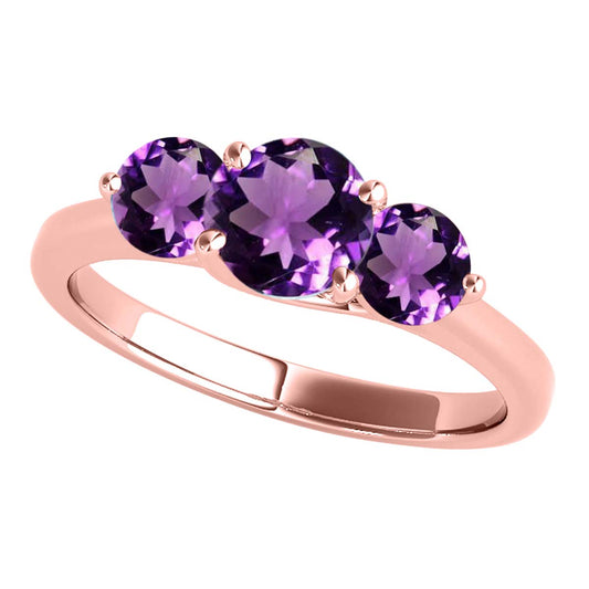 MauliJewels 2.25 Carat Three Stone Amethyst Engagement Ring for Women – 10K Rose, White & Yellow Gold | Round Cut Amethyst Wedding Ring | Elegant 3-Stone Design Jewelry Gift
