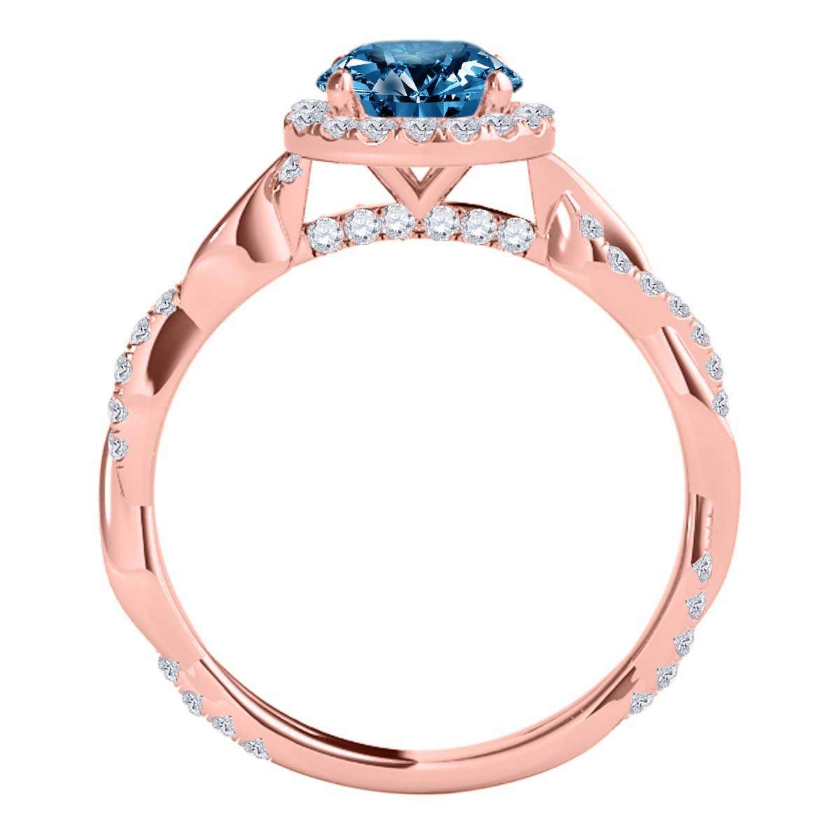 1.35 Carat Intertwined Shank Blue Diamond 4-prong Ring in 14k solid Rose White & Yellow Gold