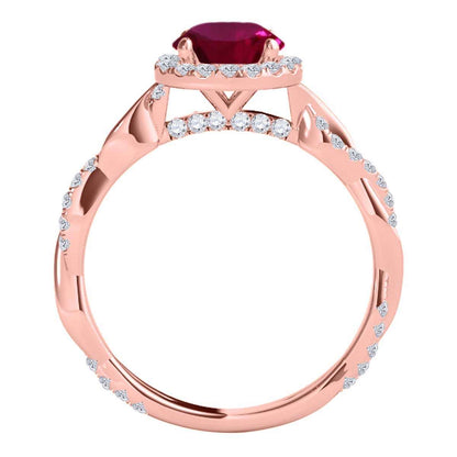 1.35 Carat Intertwined Shank Red Ruby 4-prong Ring in 14k solid Rose White & Yellow Gold