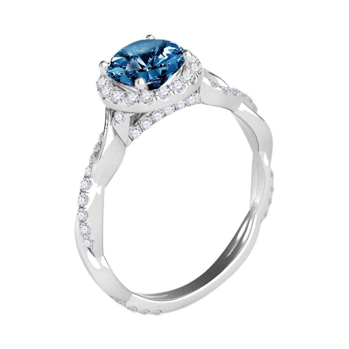 1.35 Carat Intertwined Shank Blue Diamond 4-prong Ring in 14k solid Rose White & Yellow Gold