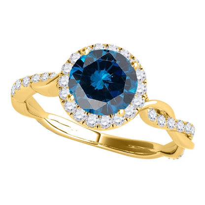 1.35 Carat Intertwined Shank Blue Diamond 4-prong Ring in 14k solid Rose White & Yellow Gold