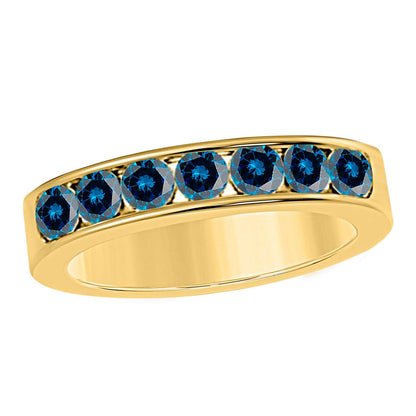 14K Rose White & Yellow Gold 1.00 Ct Round Blue Diamond 7 Stone Wedding Band For Women