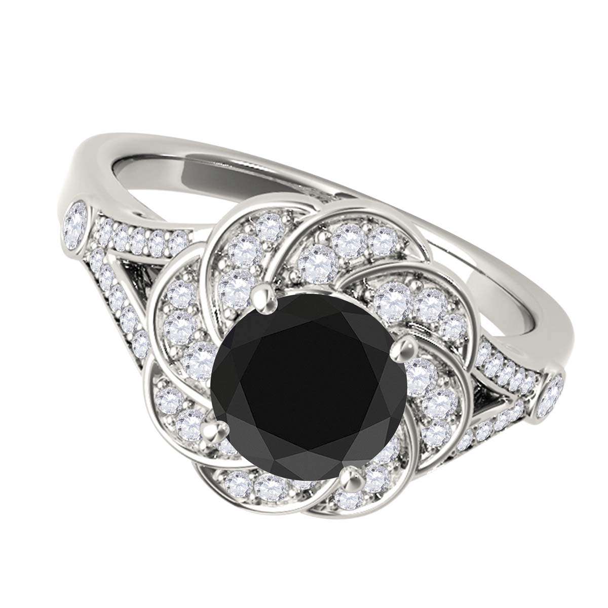 1.25 Carat Halo Natural Black Diamond Engagement Rings For Women in 10K Rose White & Yellow Gold