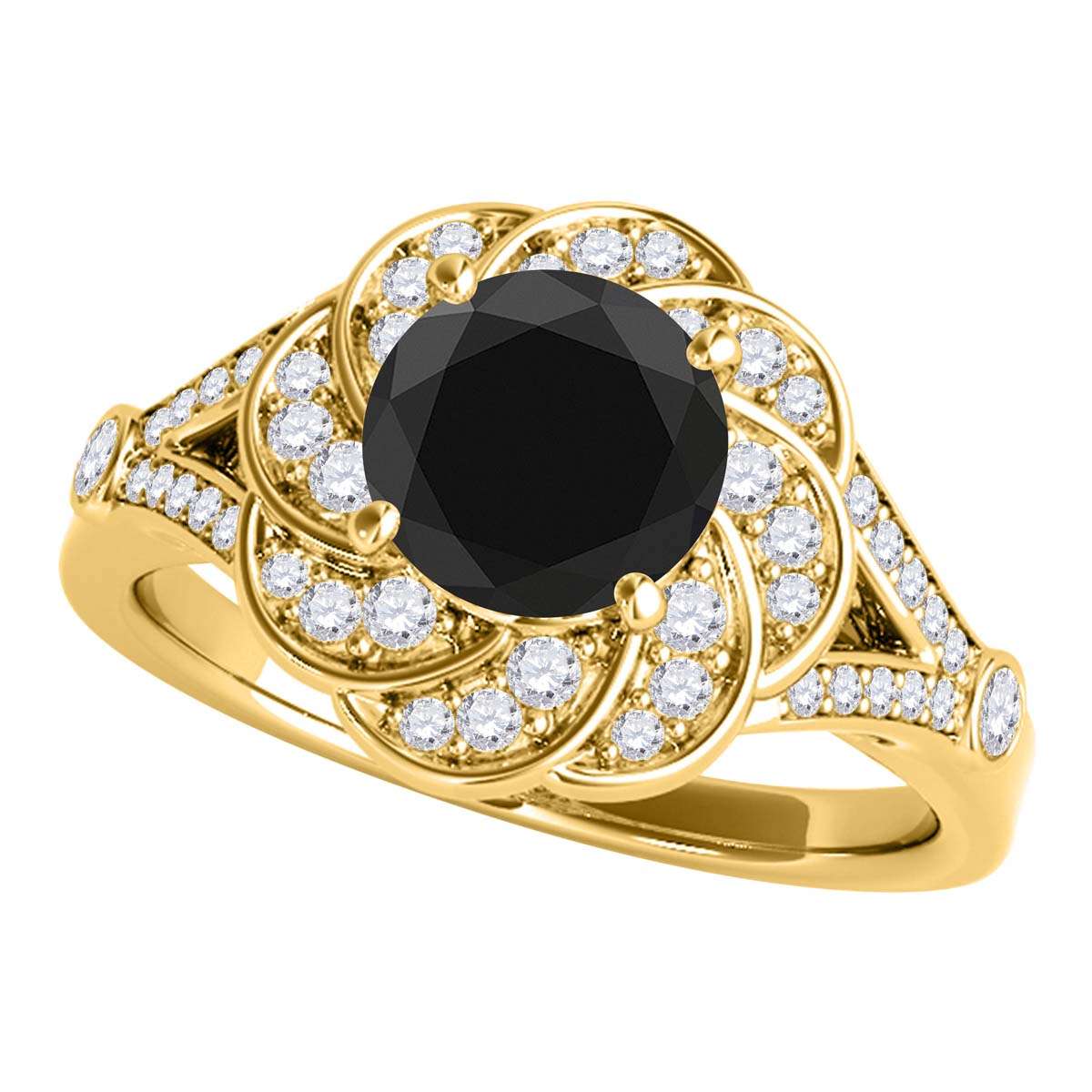 1.25 Carat Halo Natural Black Diamond Engagement Rings For Women in 10K Rose White & Yellow Gold