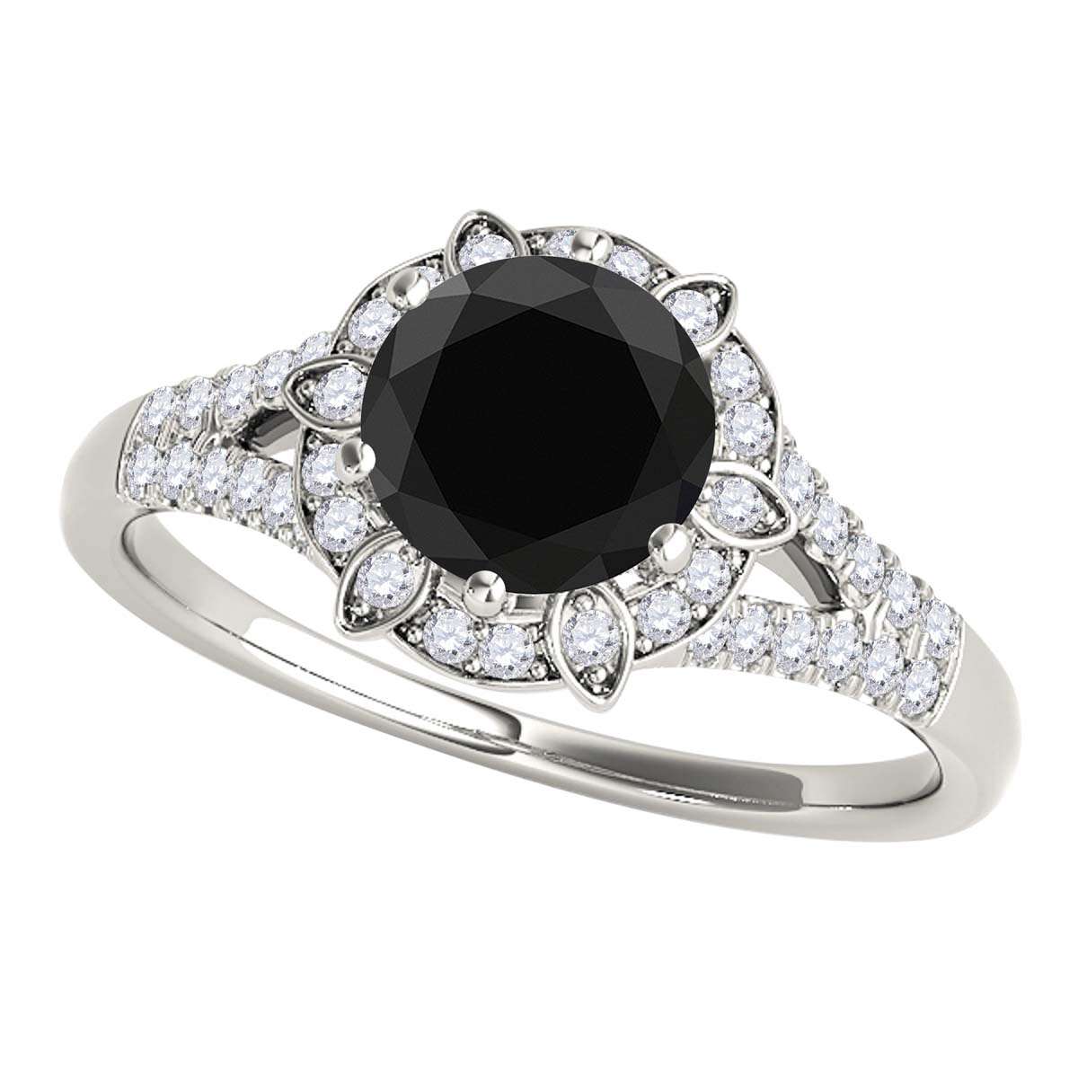 1.00 Carat Halo Natural Black Diamond Engagement Rings In 10K Rose White & Yellow Solid Gold