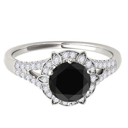 1.00 Carat Halo Natural Black Diamond Engagement Rings In 10K Rose White & Yellow Solid Gold