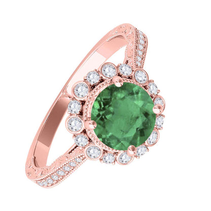 1.1 Carat Natural Emerald And White Diamond Gemstone Rings For Women In 10K Solid White Rose & Yellow Gold