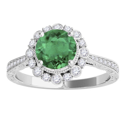 1.1 Carat Natural Emerald And White Diamond Gemstone Rings For Women In 10K Solid White Rose & Yellow Gold