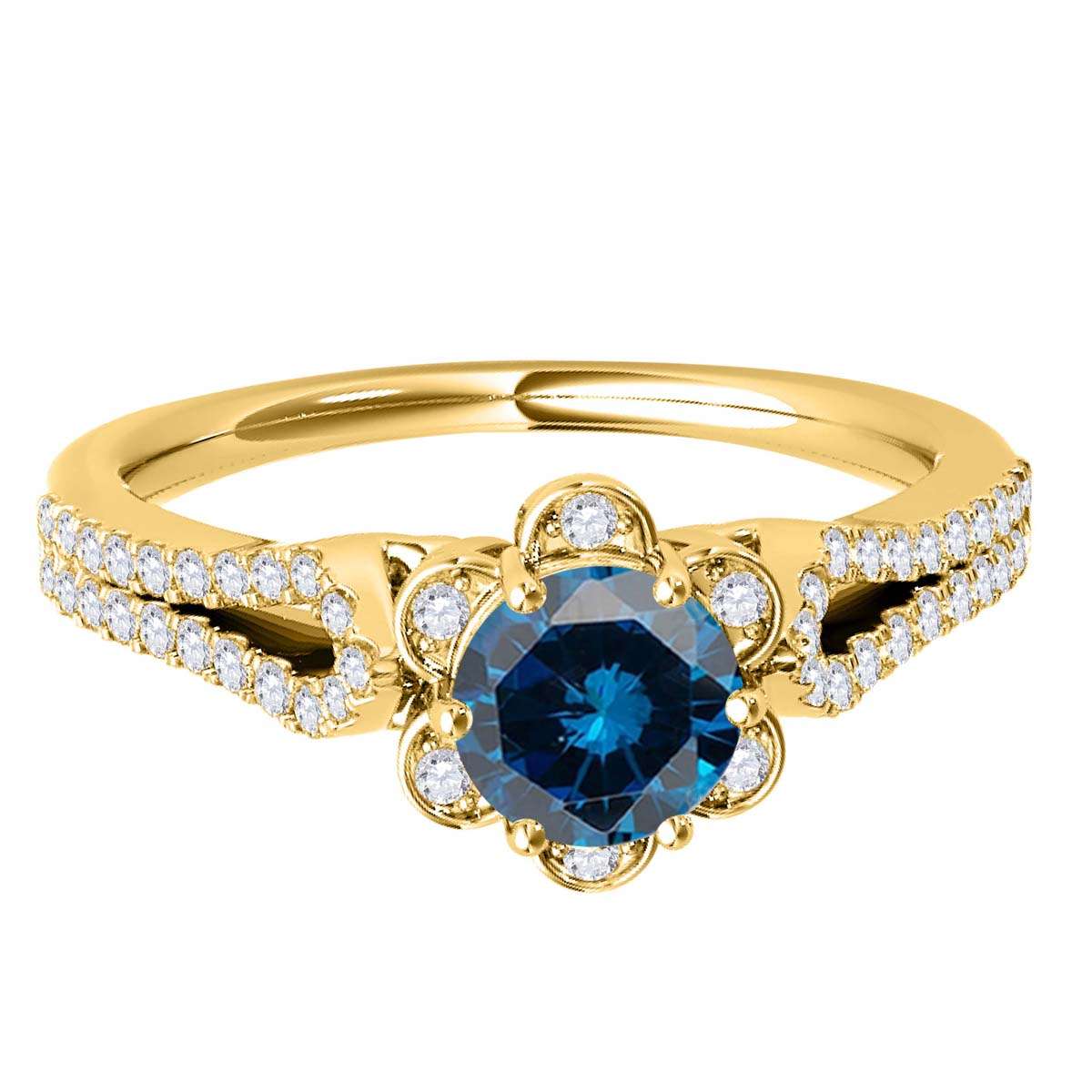 1/2 Carat Halo Blue Diamond split shank Engagement Rings For Women In 14K Rose White & Yellow Gold