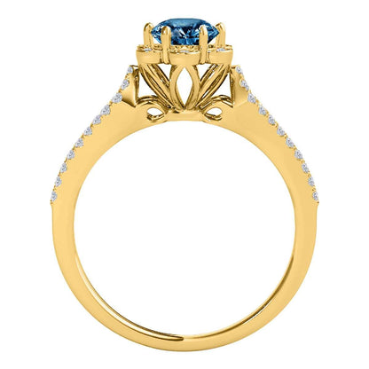 1/2 Carat Halo Blue Diamond split shank Engagement Rings For Women In 14K Rose White & Yellow Gold