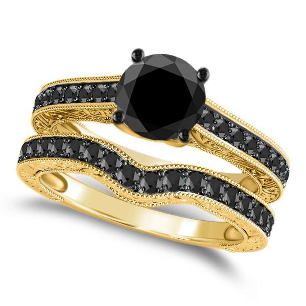 1.50 Carat Natural Black Diamond Black Rhodium Plated Bridal Set Engagement Wedding Ring In 10K Rose White & Yellow Gold