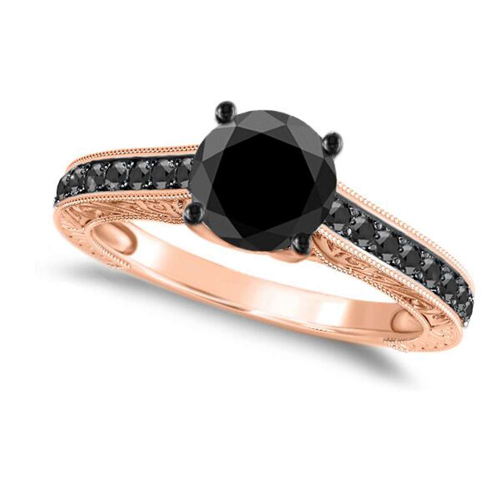 1.25 Carat Black Diamond Black Rhodium Plated Engagement Ring prong 10K Rose, White & Yellow Gold