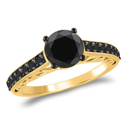 1.25 Carat Black Diamond Black Rhodium Plated Engagement Ring prong 10K Rose, White & Yellow Gold