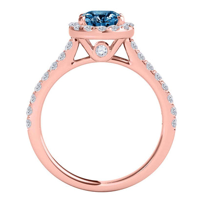 1.6 Carat Bridal Set Blue and White Diamond Halo Engagement Ring In 18K Rose White & Yellow Gold