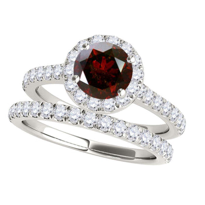 1.6 Carat Red and White Diamond Halo Bridal Set Engagement Ring in 18K Rose, White, and Yellow Gold