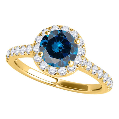 1.6 Carat Bridal Set Blue and White Diamond Halo Engagement Ring In 18K Rose White & Yellow Gold