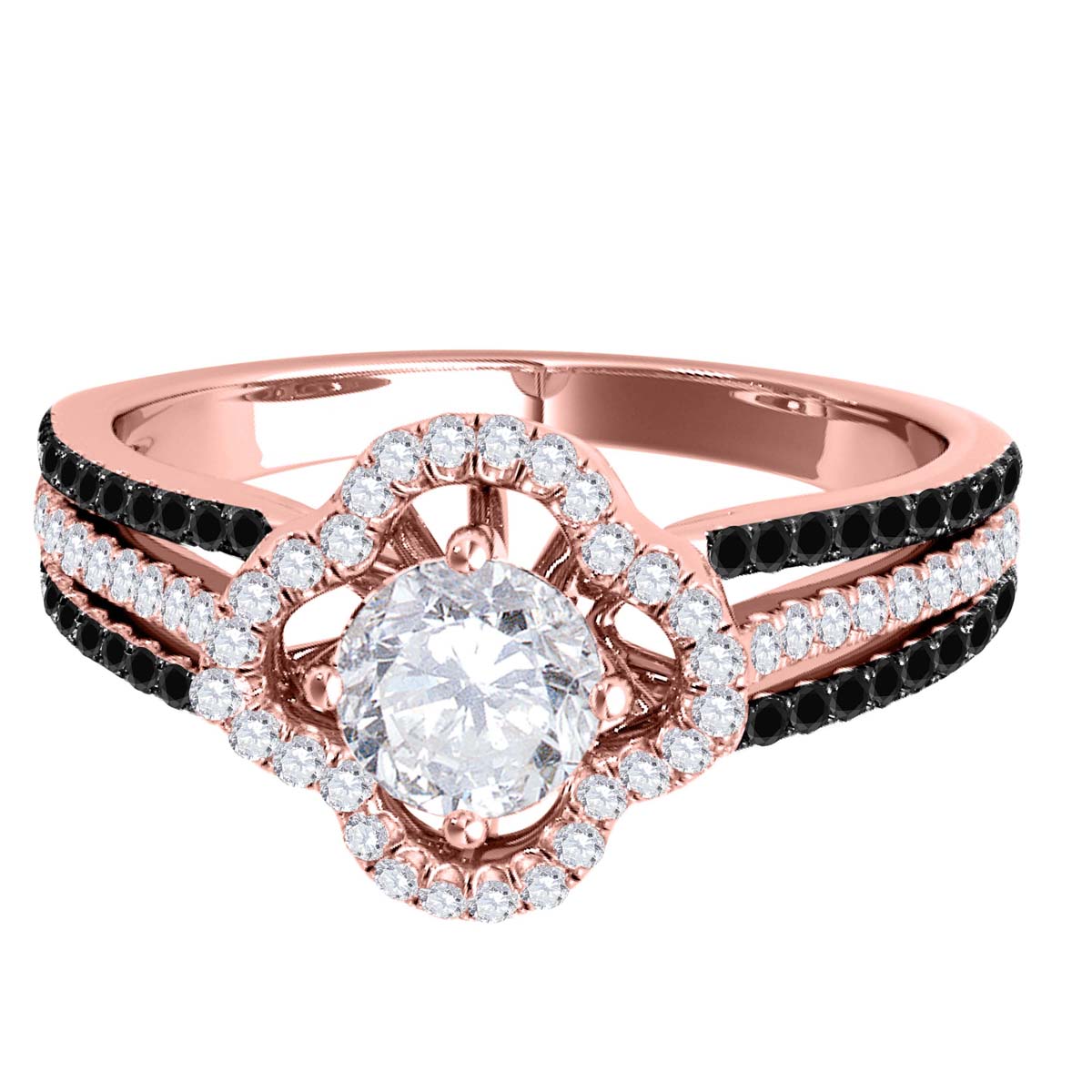 14K Solid Rose White & Yellow Gold 3/4 Carat Halo White And Black Diamond Engagement Rings For Women - Mauli Jewels