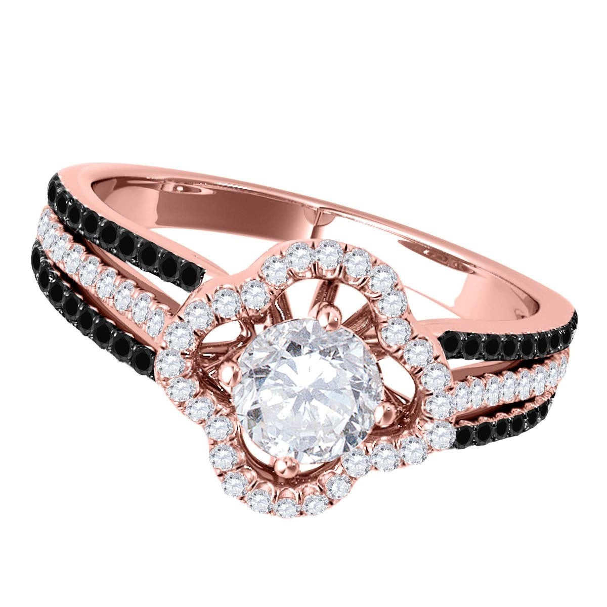 14K Solid Rose White & Yellow Gold 3/4 Carat Halo White And Black Diamond Engagement Rings For Women - Mauli Jewels