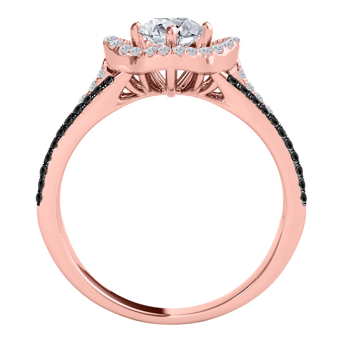14K Solid Rose White & Yellow Gold 3/4 Carat Halo White And Black Diamond Engagement Rings For Women - Mauli Jewels