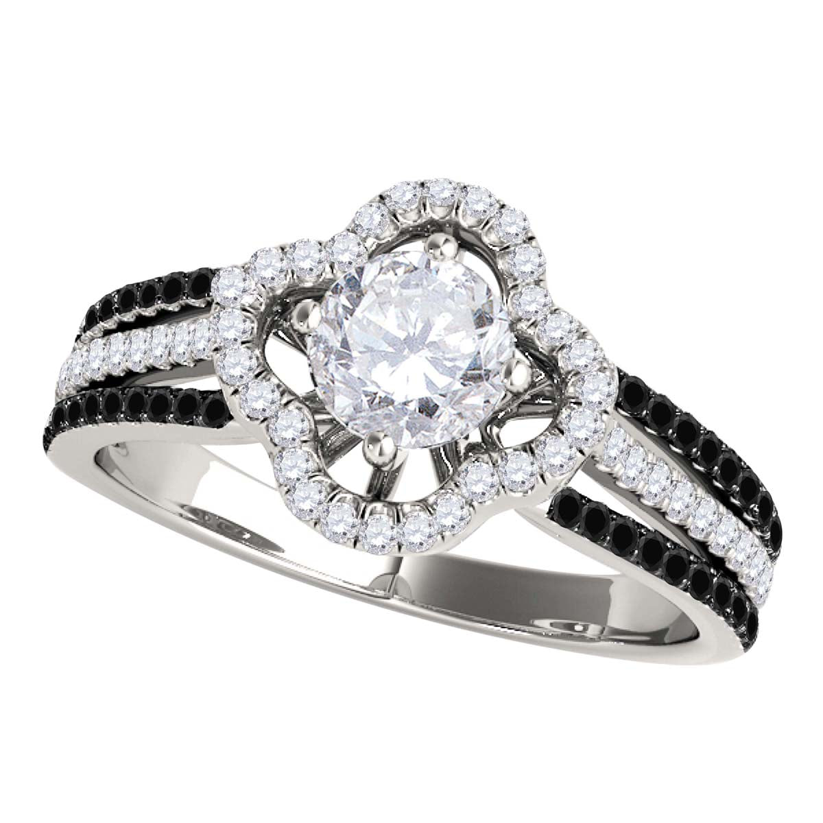 14K Solid Rose White & Yellow Gold 3/4 Carat Halo White And Black Diamond Engagement Rings For Women - Mauli Jewels