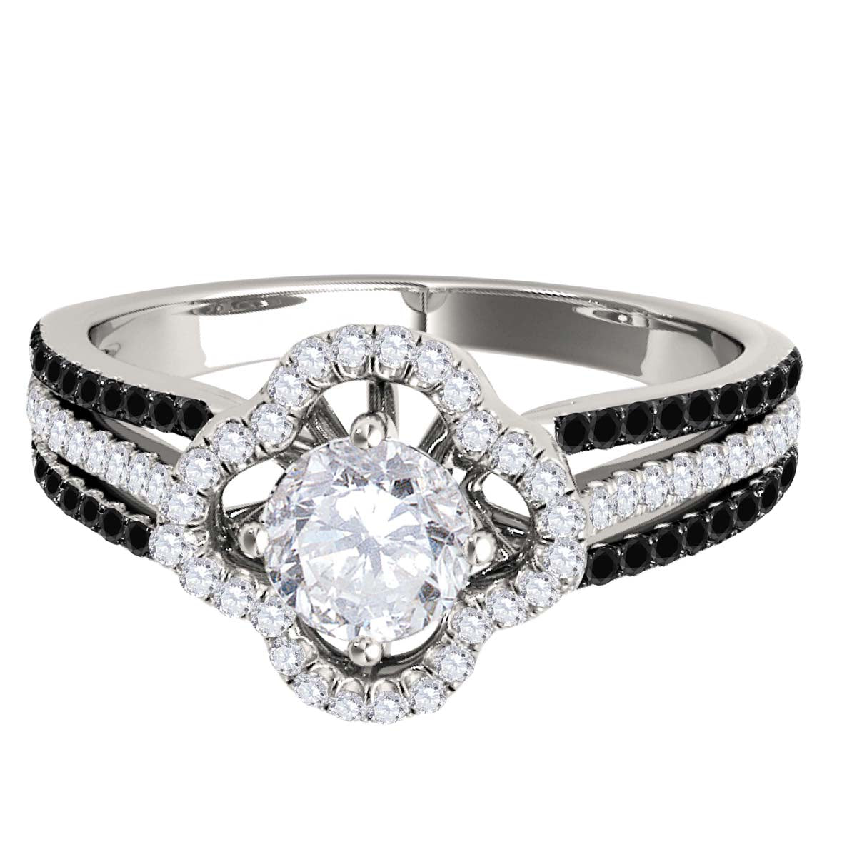 14K Solid Rose White & Yellow Gold 3/4 Carat Halo White And Black Diamond Engagement Rings For Women - Mauli Jewels