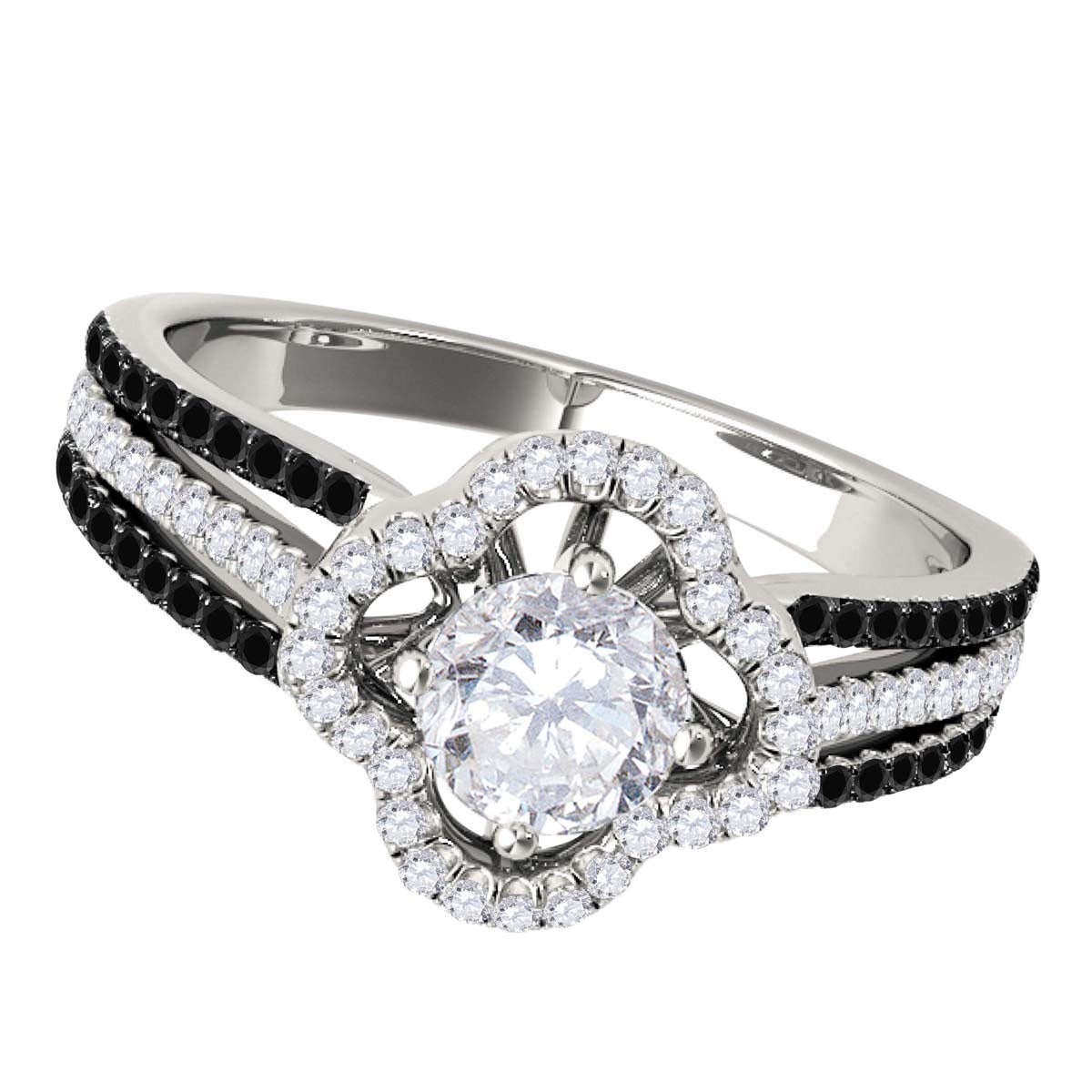 14K Solid Rose White & Yellow Gold 3/4 Carat Halo White And Black Diamond Engagement Rings For Women - Mauli Jewels