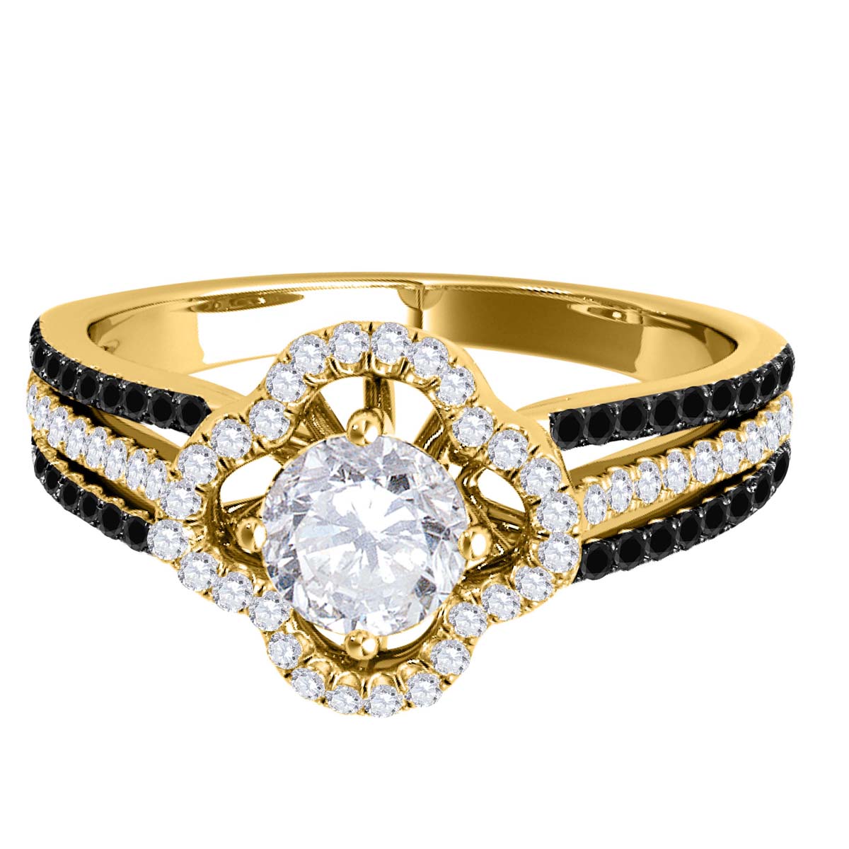14K Solid Rose White & Yellow Gold 3/4 Carat Halo White And Black Diamond Engagement Rings For Women - Mauli Jewels