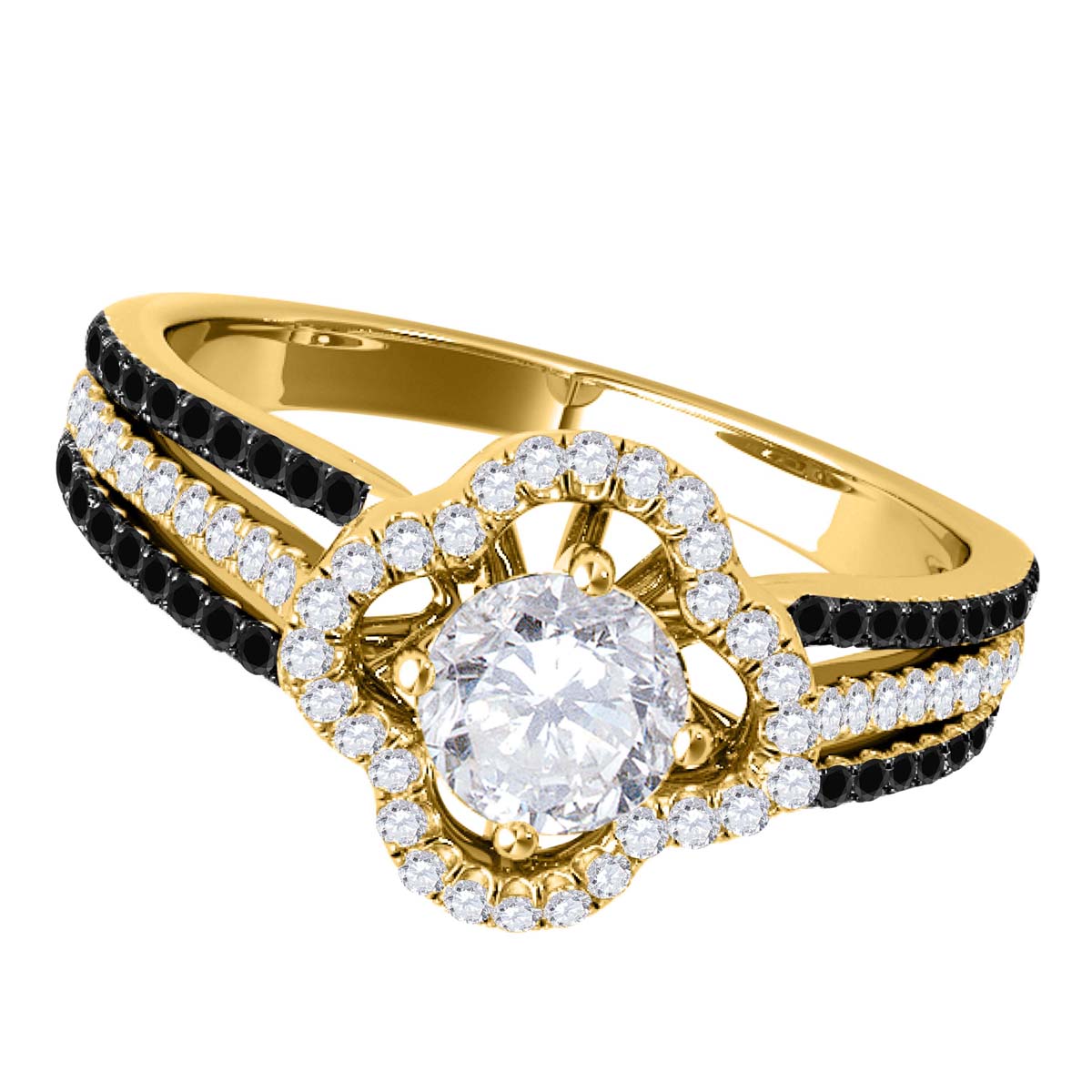 14K Solid Rose White & Yellow Gold 3/4 Carat Halo White And Black Diamond Engagement Rings For Women - Mauli Jewels