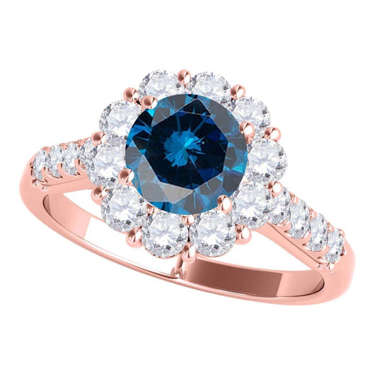 1.50 Carat Halo Blue Diamond Solid 14K Rose White & Yellow Gold Engagement Rings For Women