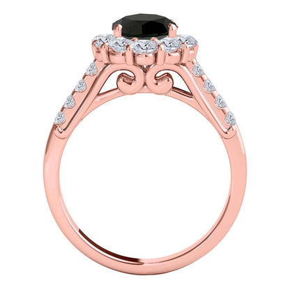 1.50 Carat Halo Black And White Diamond Engagement Rings In 14K Solid Yellow White & Rose Gold