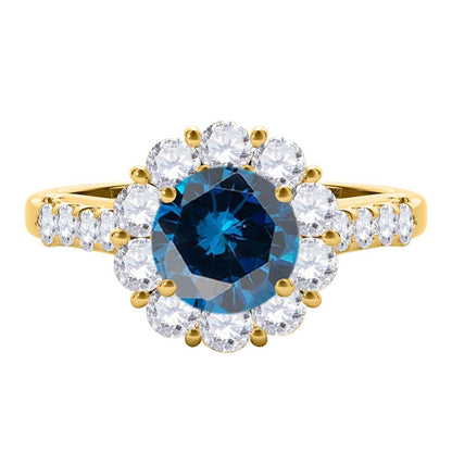 1.50 Carat Halo Blue Diamond Solid 14K Rose White & Yellow Gold Engagement Rings For Women