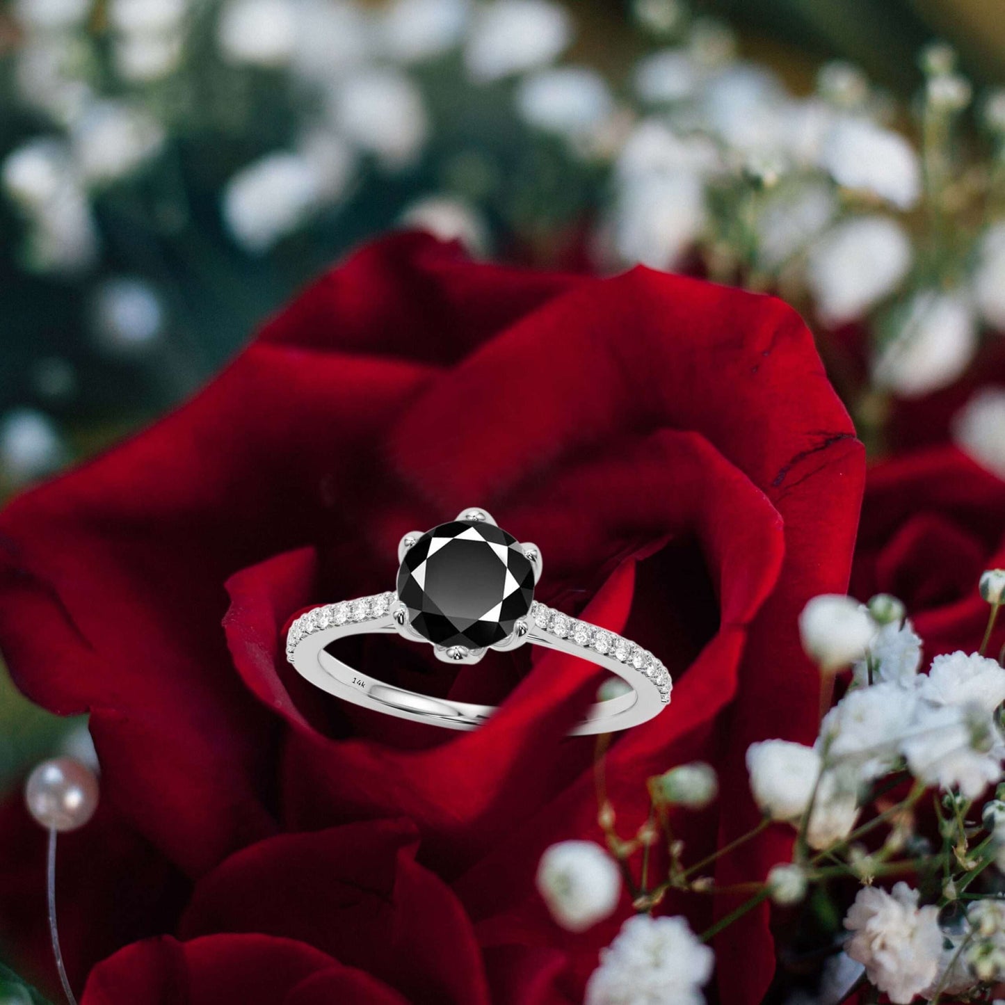 1.25 Carat Natural Black & White Diamonds Engagement Ring in 14K Solid Rose White & Yellow Gold