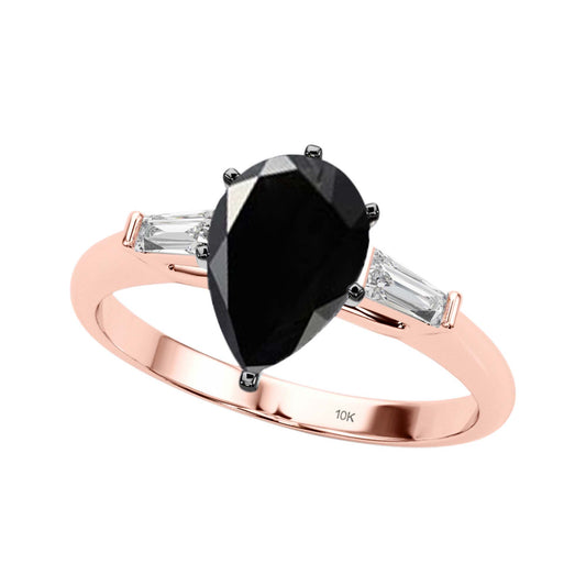 1.25 Carat Black Pear-Shaped and White Baguette Diamond Engagement Ring in 10K Gold for Women Mauli Jewels