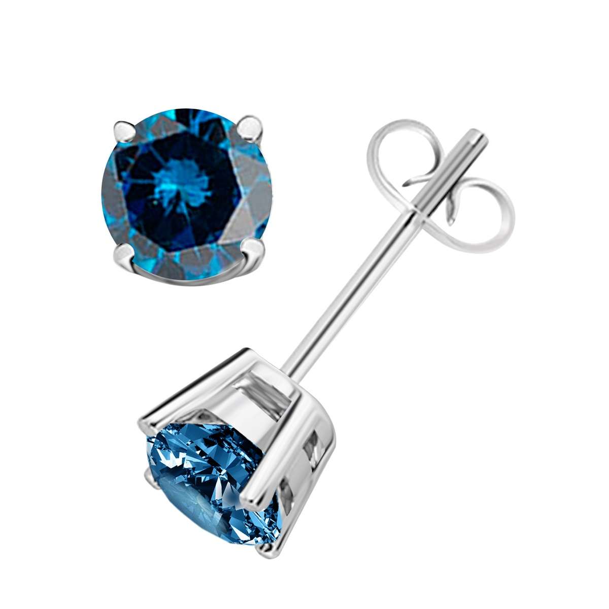 0.50 Carat Blue Diamond Prong Set Stud Earrings In 14K White & Yellow Gold With Secure Backs