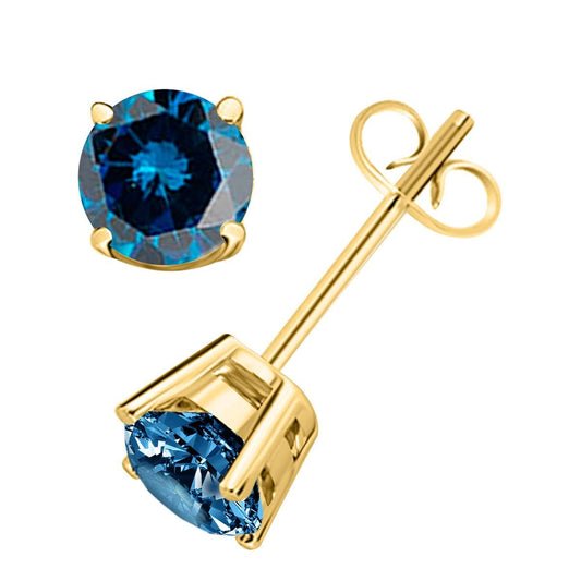 0.60 Carat Round Blue Diamond Prong Set Stud Earrings For Women In 14K White & Yellow Gold