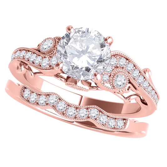 MauliJewels 0.56 Carat Lab Grown Diamond Halo Engagement Ring Set, 10K Rose, White or Yellow Gold, 0.30 CT Center Stone, Bridal Design
