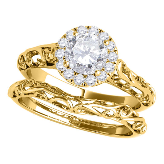 MauliJewels 1/2 Carat Lab Grown Diamond Halo Engagement Ring Bridal Set, 10K White or Yellow Gold, Antique 4-Prong Round Diamond Wedding Ring