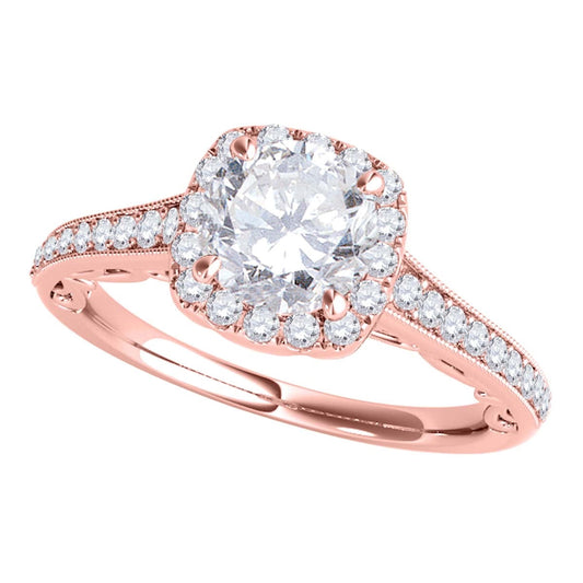 MauliJewels 1 Carat Lab Grown Diamond Halo Engagement Ring, 14K Rose White or Yellow Gold, 4-Prong Round Cut Antique Milgrain Bridal Ring