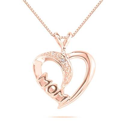 10K Rose White & Yellow Gold 0.005 Ct Natural Diamond MoM Heart Shape Pendant Necklace With 18" Box Chain