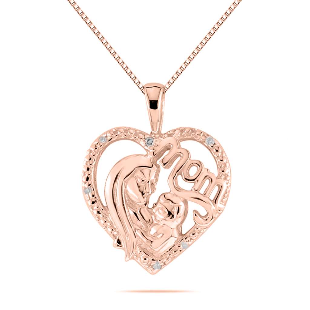 Mothers Day Gift 0.03 Carat Diamond Heart Mom Pendant Necklace 10K Gold With 18'' Rhodium Plated Silver Chain