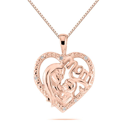 Mothers Day Gift 0.03 Carat Diamond Heart Mom Pendant Necklace 10K Gold With 18'' Rhodium Plated Silver Chain